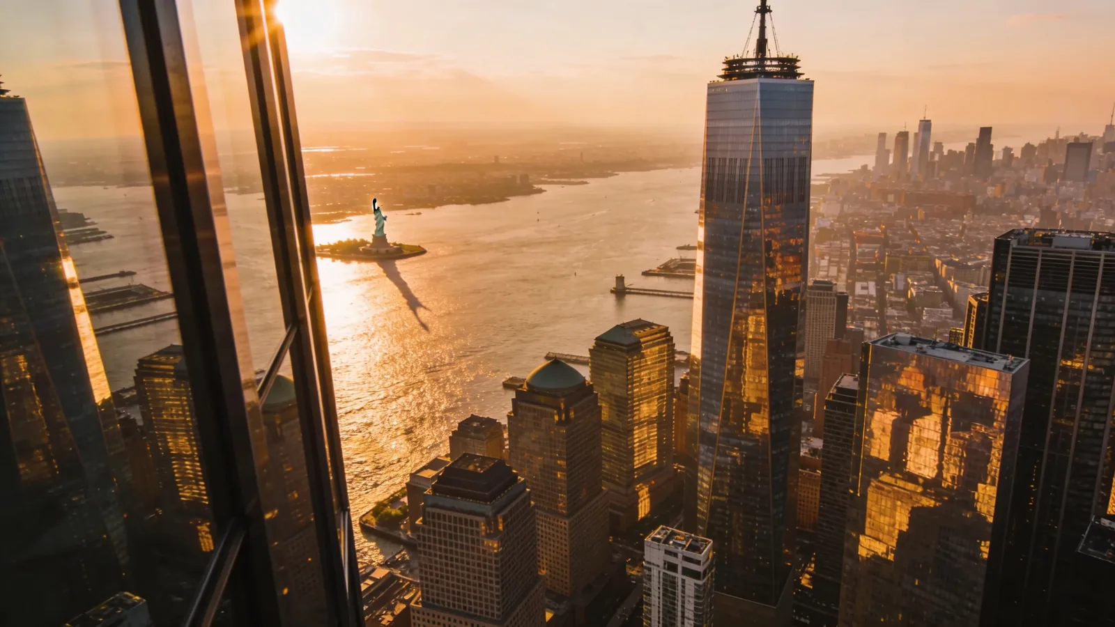 High observation deck view over Manhattan financial district with harbor visible — NYC observation deck vs harbor cruise deck side