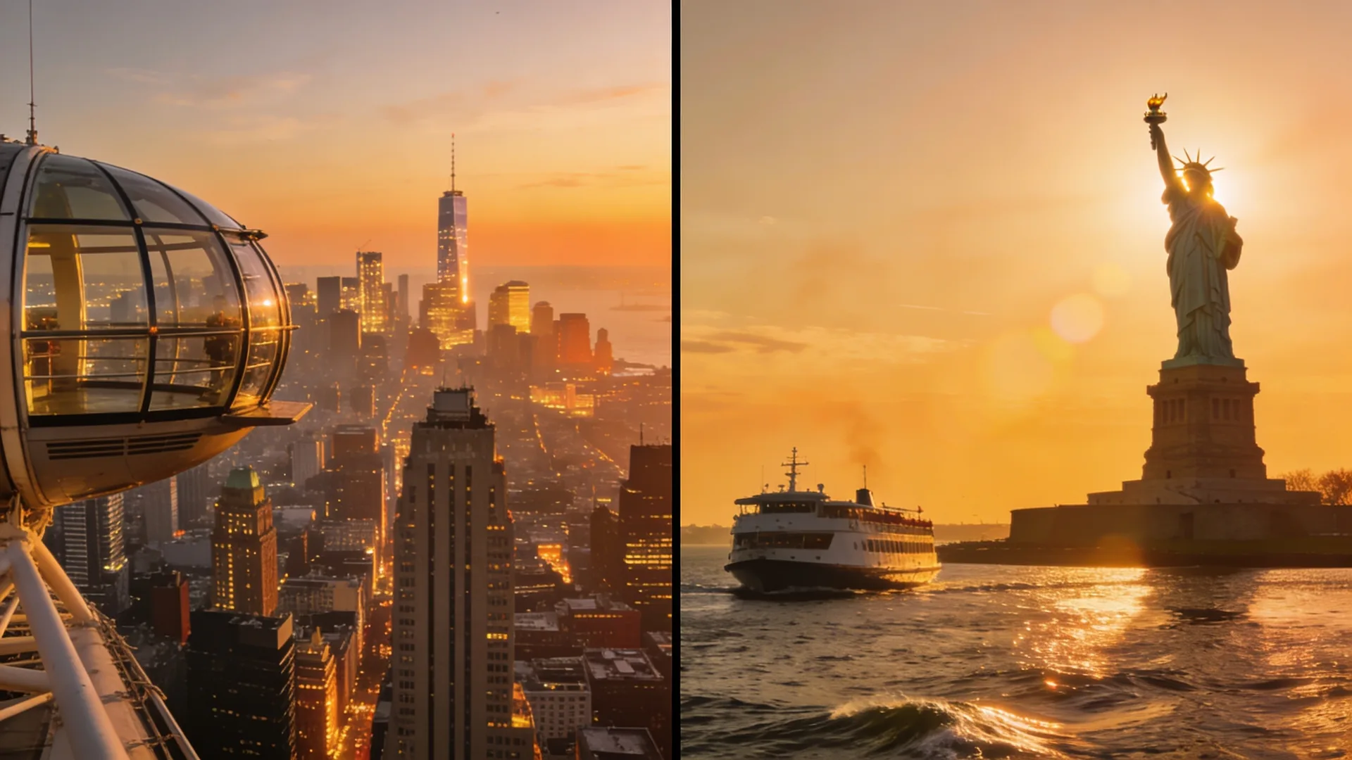 Split scene with observation deck view and harbor cruise — NYC observation deck vs harbor cruise comparison