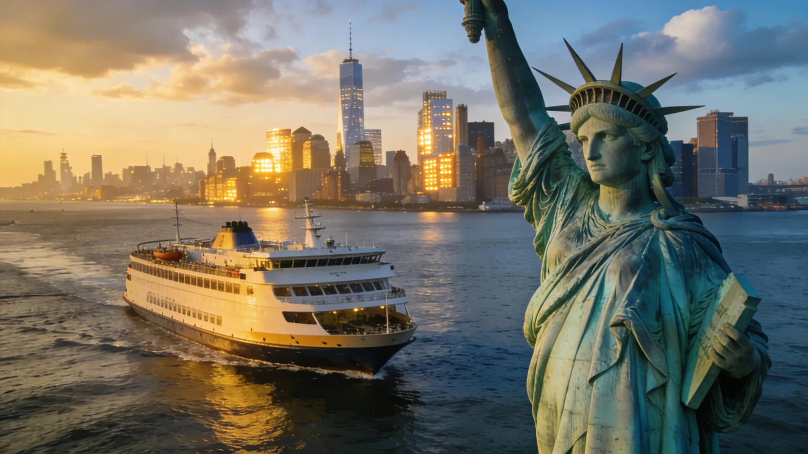 NYC harbor cruise boat sailing past Statue of Liberty at golden hour — NYC observation deck vs harbor cruise harbor side
