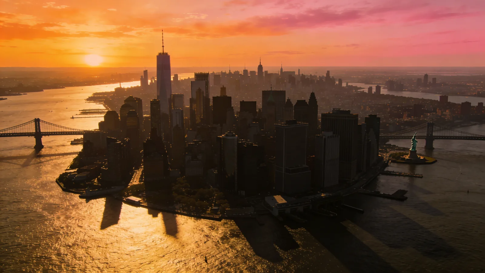 Wide NYC harbor at sunset with Manhattan skyline and Statue of Liberty silhouetted