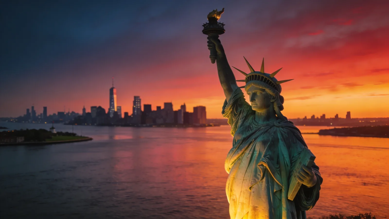 Statue of Liberty at sunset with warm golden light on copper