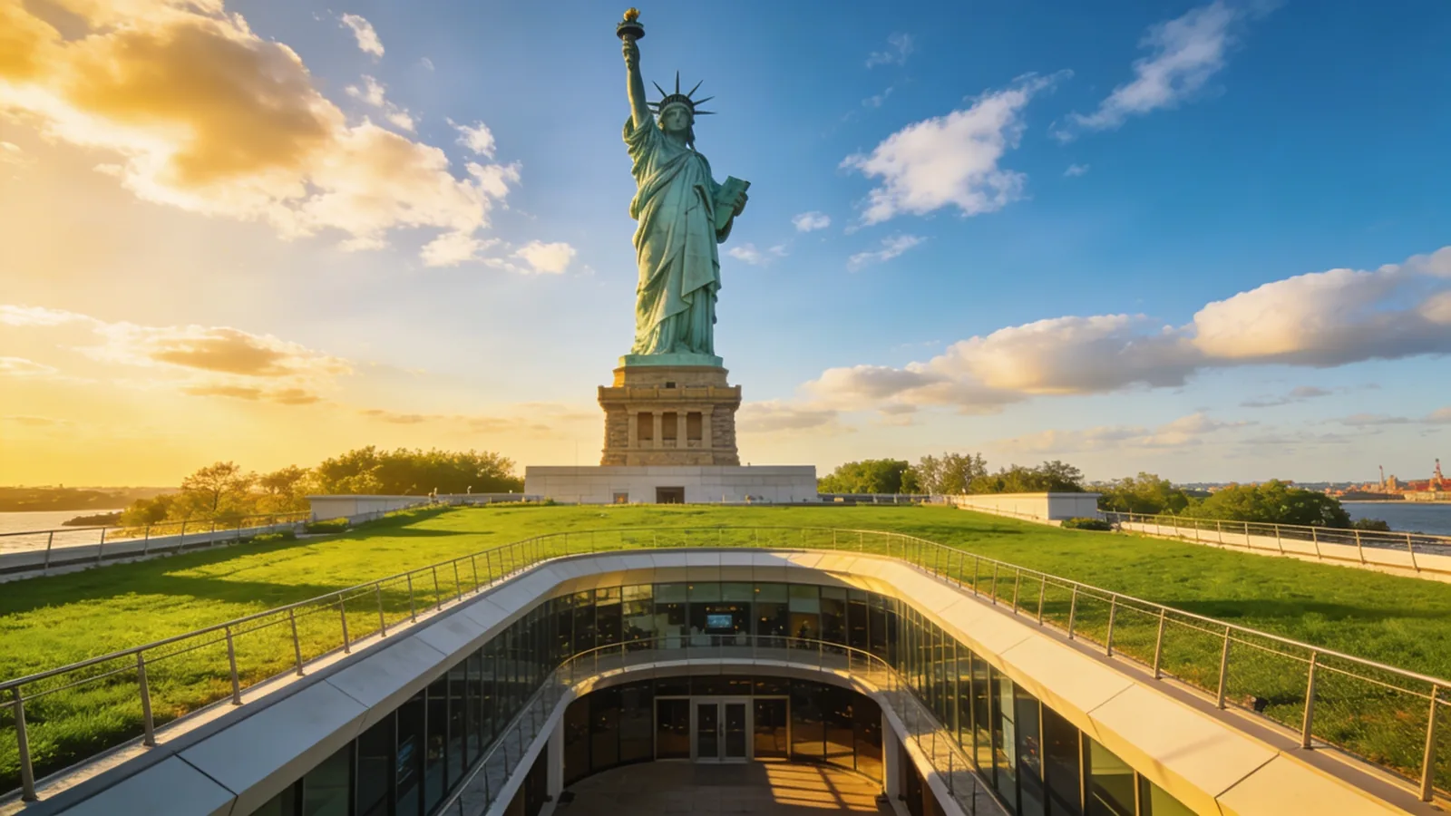 Liberty Vista observation deck on top of the Statue of Liberty Museum with the statue rising behind — best Statue of Liberty ticket General Admission free deck