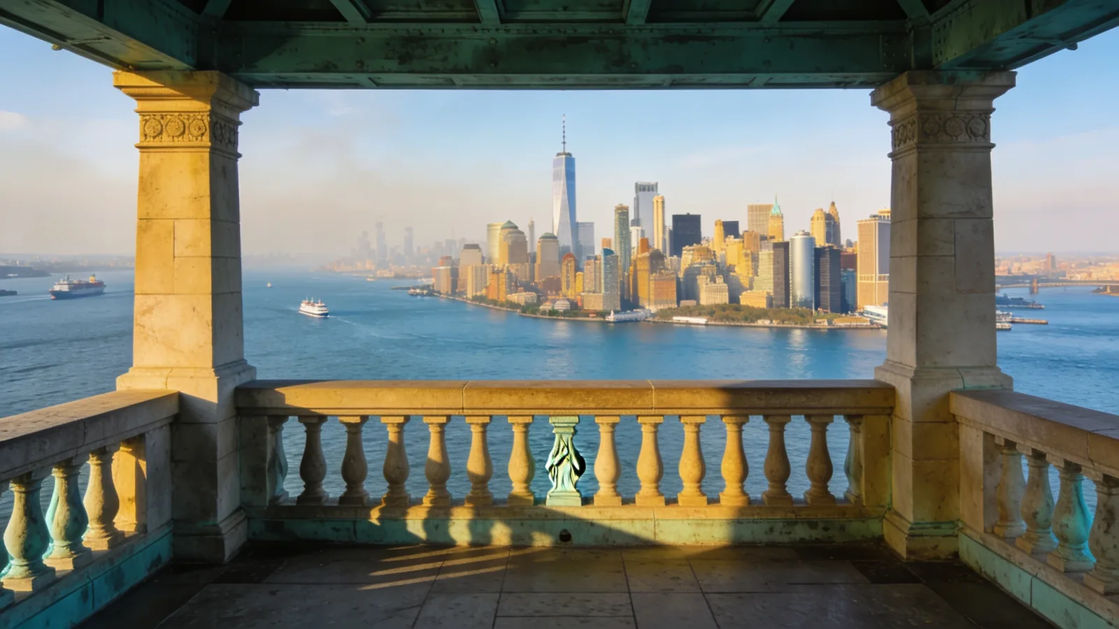 View from the Statue of Liberty pedestal balcony toward Manhattan — best Statue of Liberty ticket Pedestal tier winner