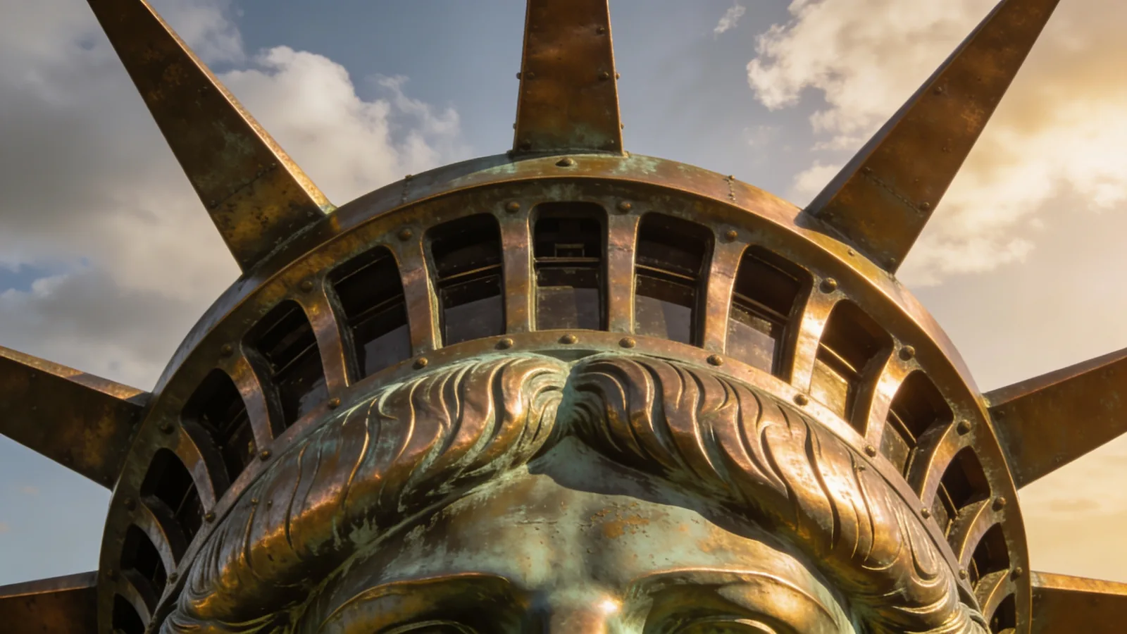 Statue of Liberty viewed from below at the Crown level showing structural ribs — best Statue of Liberty ticket Crown climb interior