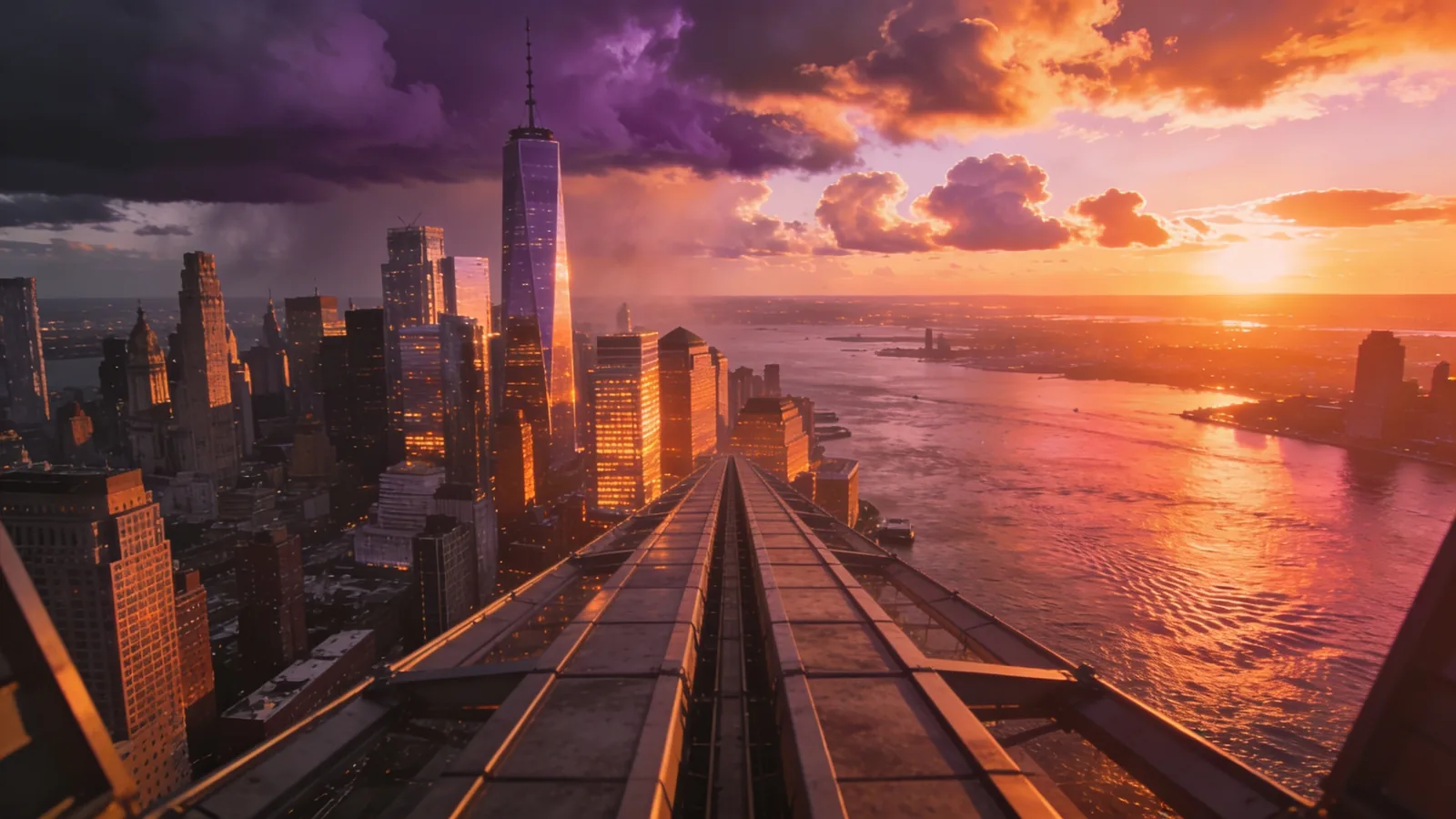View from a high observation deck looking west over Manhattan at sunset with Hudson River — Empire State sunset tickets golden hour