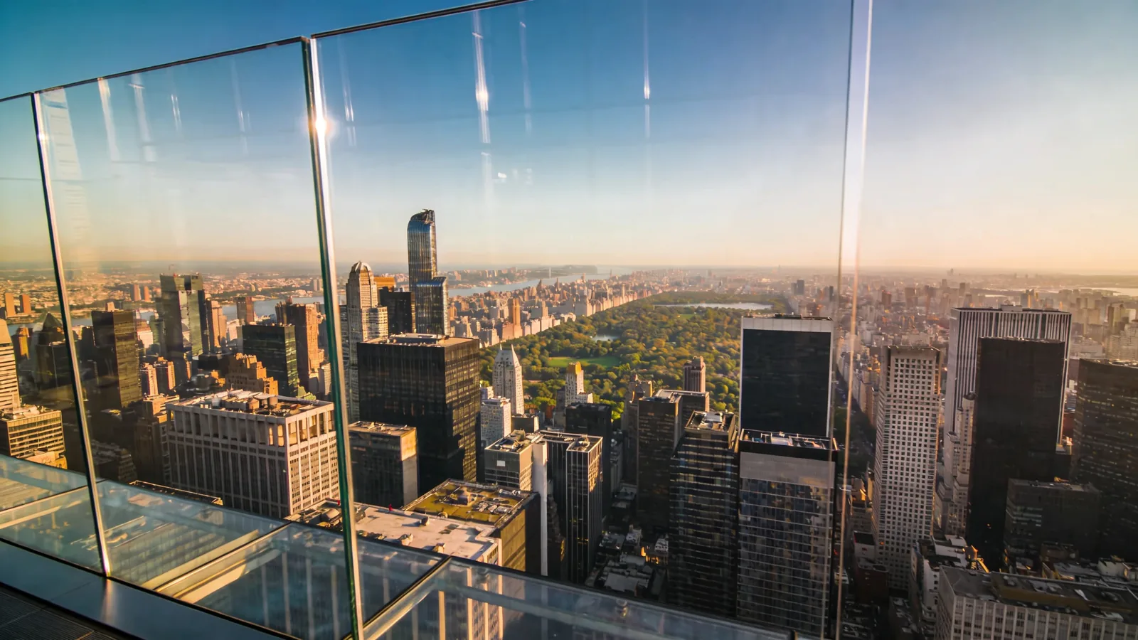 View from One World Observatory at the top of One World Trade Center looking north — best observation deck NYC for photos One World downtown pick