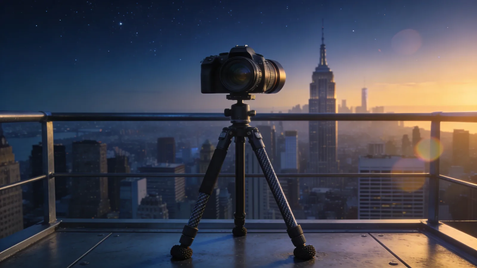 Professional camera on a tripod set up on a high observation deck pointed at NYC skyline — best observation deck NYC for photos pro setup