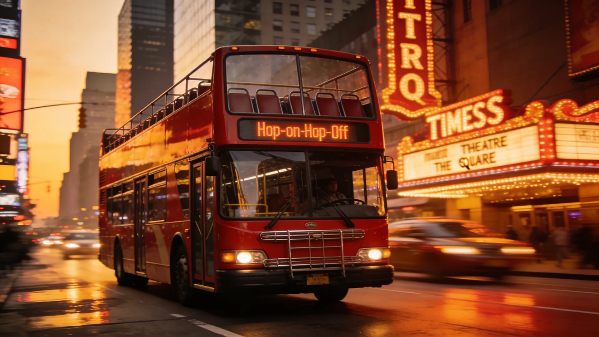 Red double-decker hop-on hop-off tour bus driving past Times Square — hop on hop off NYC worth it overview