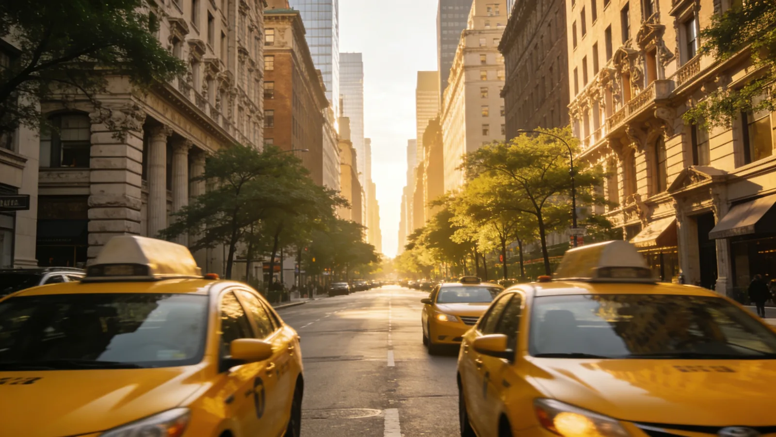Tree-lined Fifth Avenue in summer with limestone buildings and yellow taxis — hop on hop off NYC worth it Fifth Avenue route