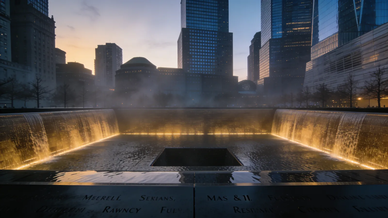 9/11 Memorial reflecting pool with names inscribed and surrounding skyscrapers at dusk — NYC Icons tour itinerary Stop 2