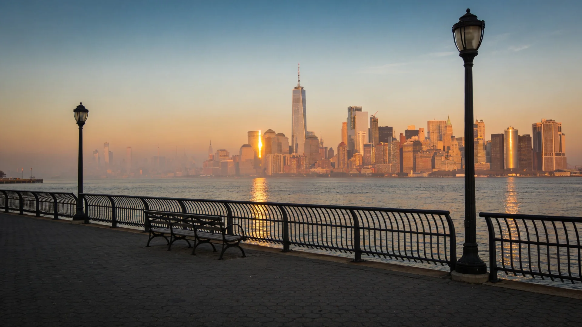 Lower Manhattan skyline at golden hour, seen across the harbor from a quiet waterfront promenade — Freedom Tower rising at the center.