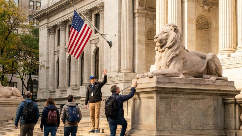 The New York Public Library's stone lion and steps in Midtown Manhattan.