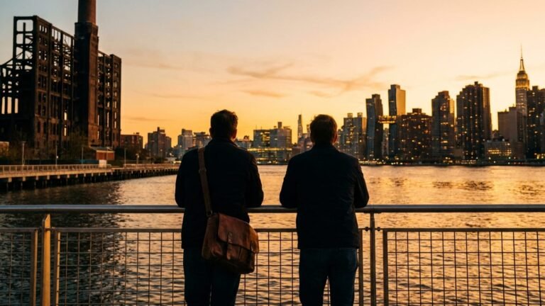 The Manhattan skyline at sunset seen from the Williamsburg waterfront in Brooklyn.