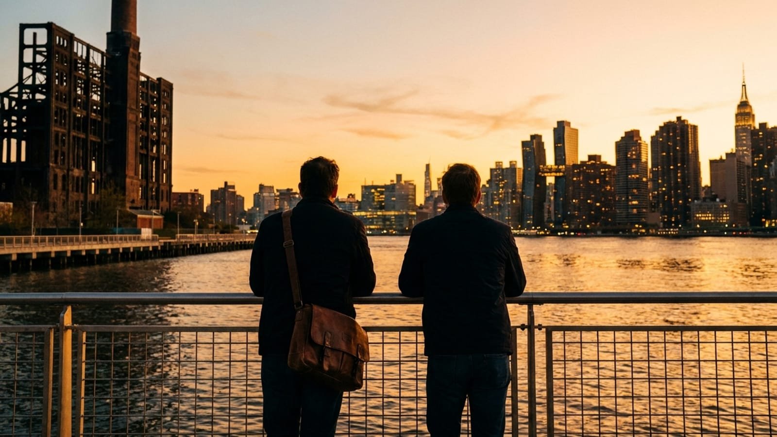 The Manhattan skyline at sunset seen from the Williamsburg waterfront in Brooklyn.