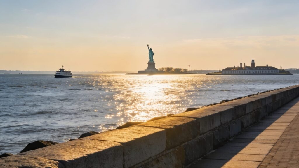 The Statue of Liberty across New York Harbor at sunset as a ferry passes.