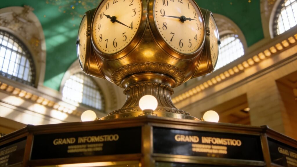 A large brass terminal clock above the crowds at Grand Central Terminal.