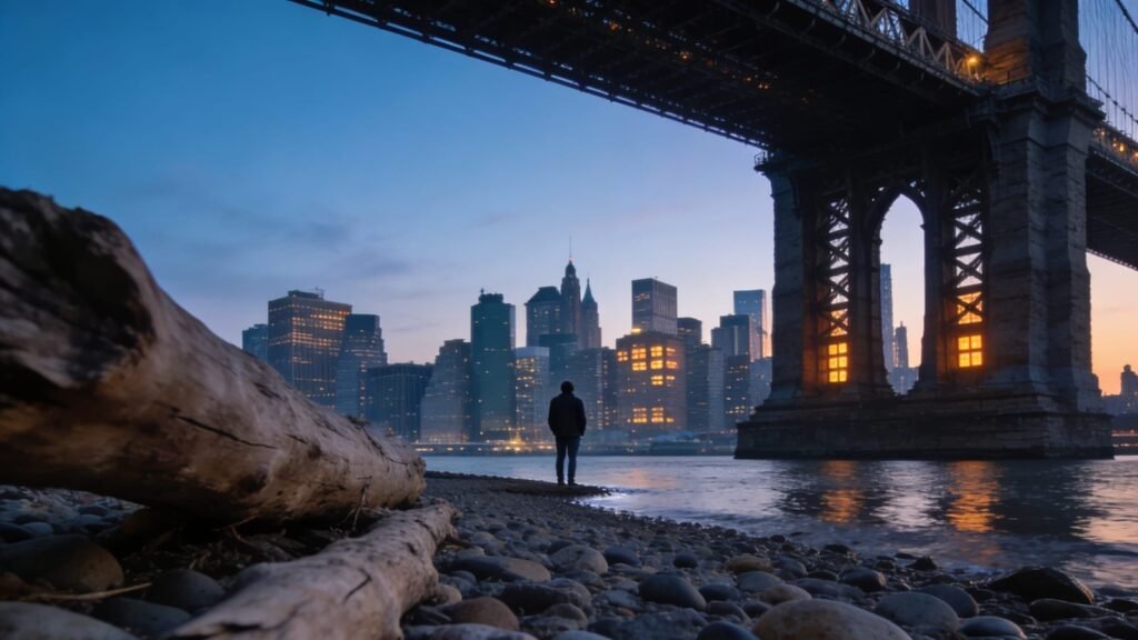 The Lower Manhattan skyline at first light seen from the Brooklyn waterfront.