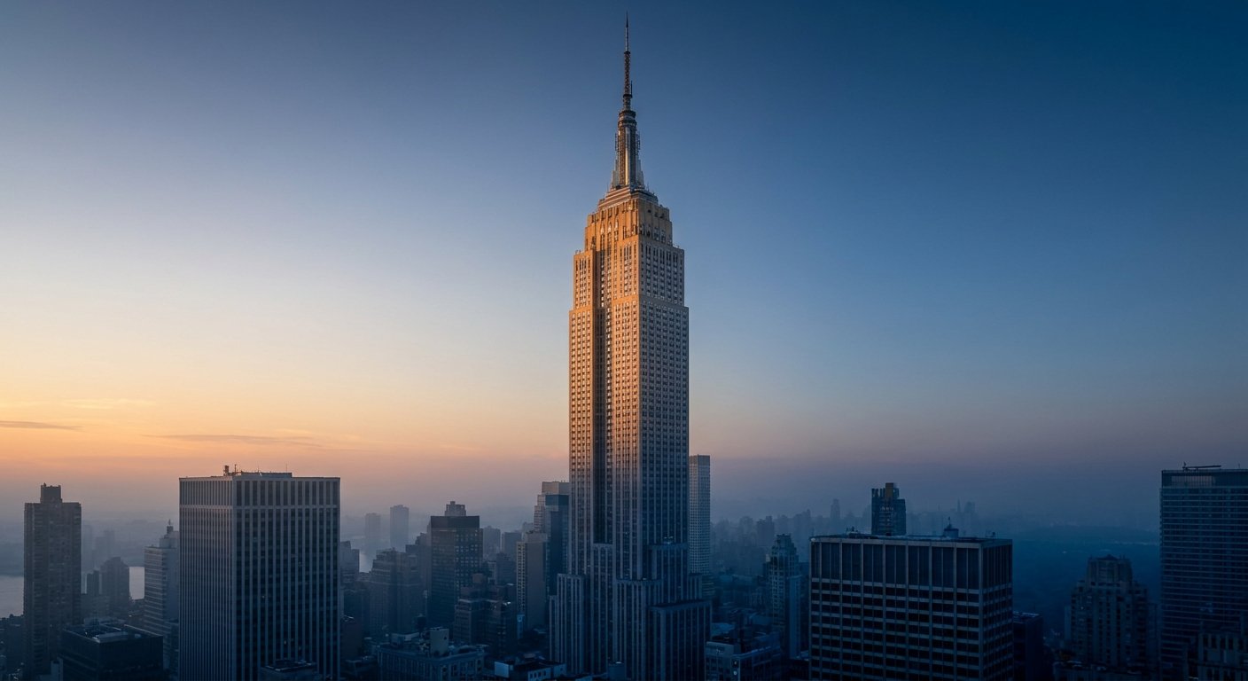 empire state building tickets — the Art Deco tower lit by golden-hour sun over Midtown Manhattan