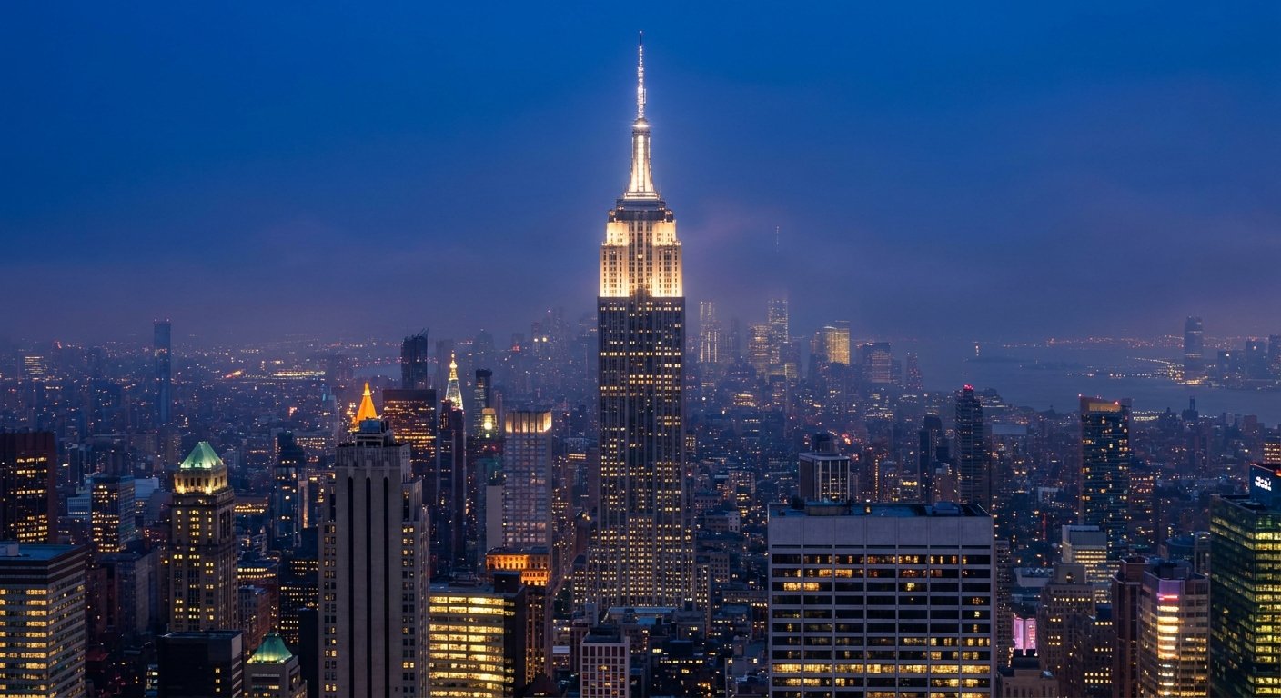 Empire State Building lit white at night above the New York City skyline