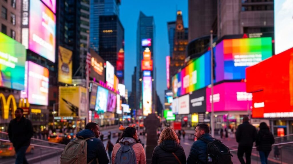 Times Square lit by neon signs at night in Midtown Manhattan.