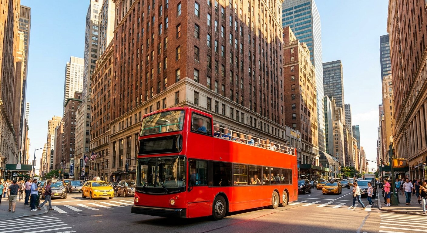 A red open-top hop-on hop-off double-decker bus in Midtown Manhattan