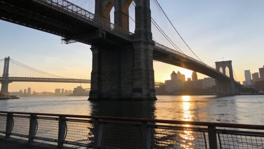 The Brooklyn Bridge lit at sunset over the East River.