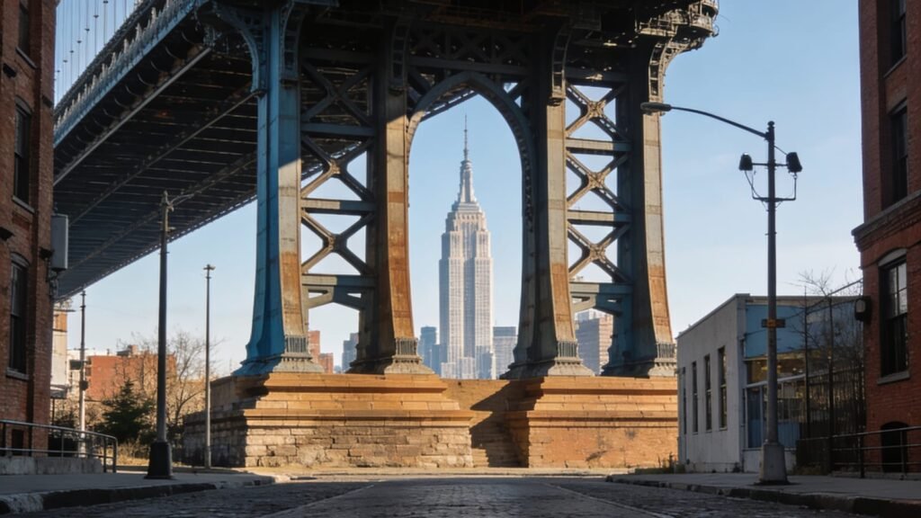 The Manhattan Bridge framed by brick buildings in DUMBO, Brooklyn.
