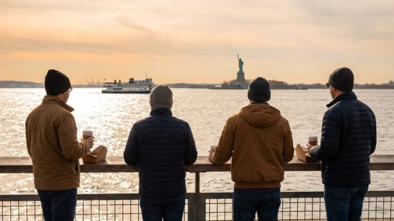 A group at a harbor railing viewing the Statue of Liberty in daylight.