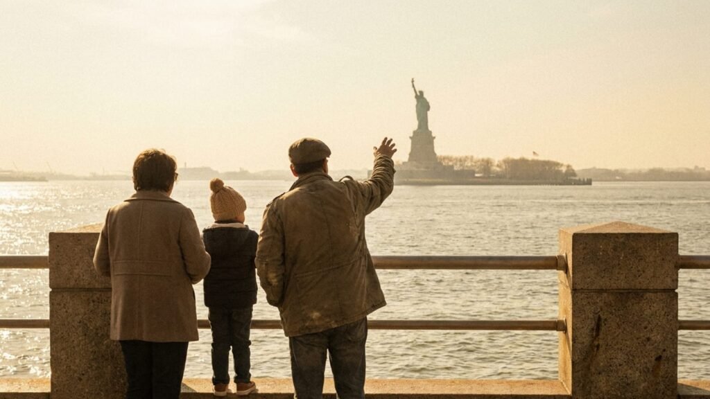 Visitors at the Battery Park waterfront pointing toward the Statue of Liberty at golden hour.