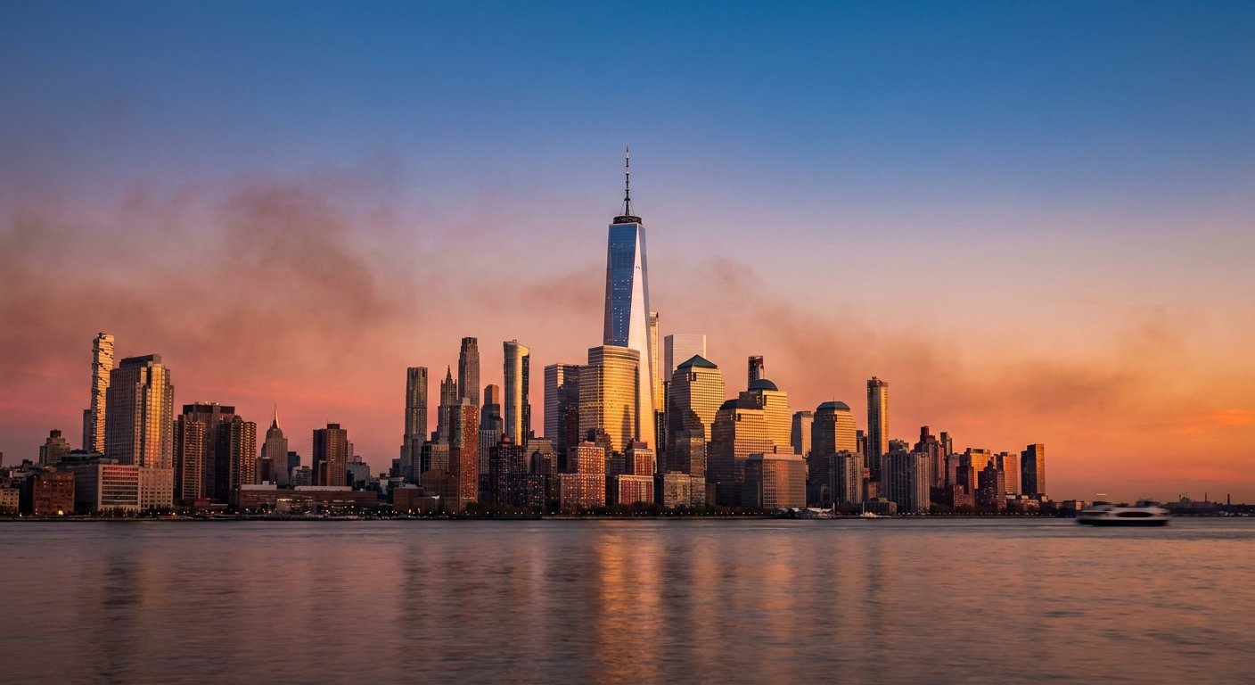 The Lower Manhattan skyline glowing at sunset seen from New York Harbor