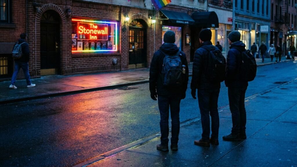A SoHo street glowing with neon and shopfront lights at night.