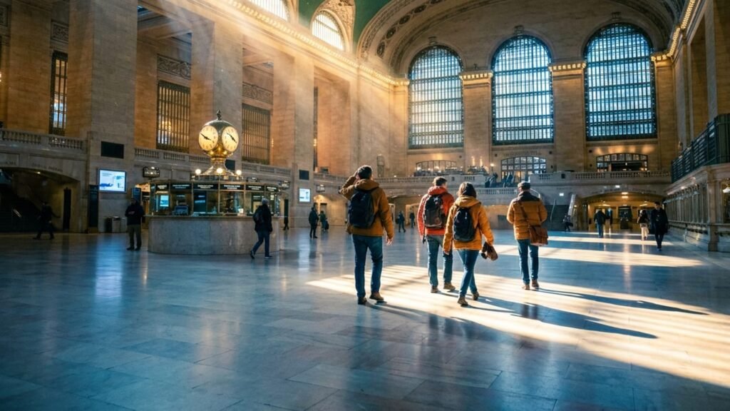 The main concourse of Grand Central Terminal in warm light.