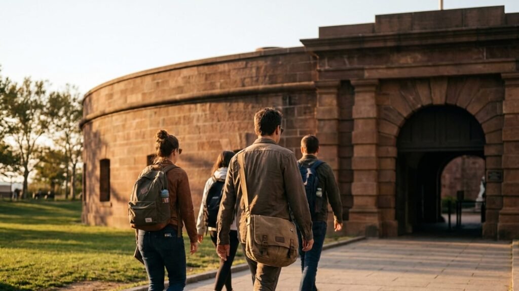 Visitors walking through Battery Park toward Castle Clinton at golden hour.