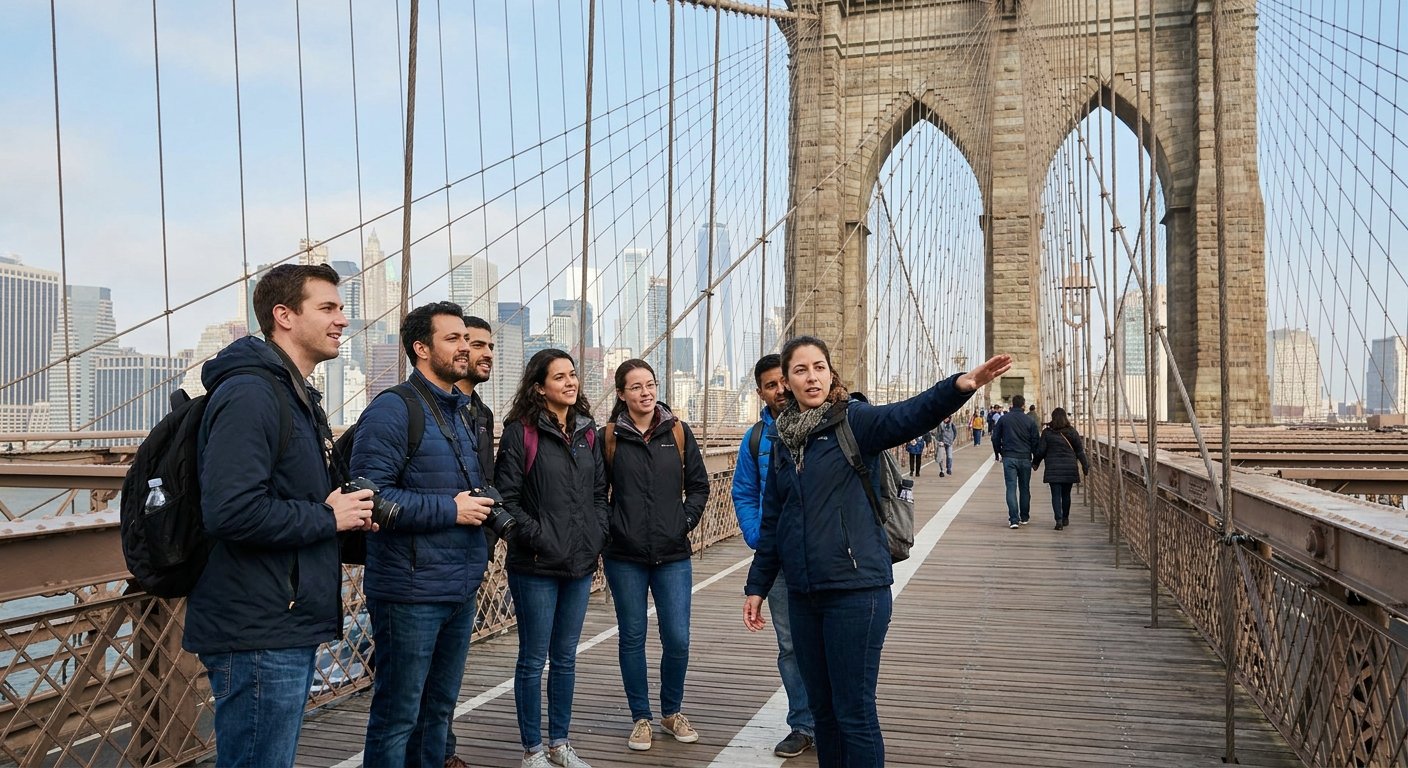 A small walking-tour group with a guide on the Brooklyn Bridge