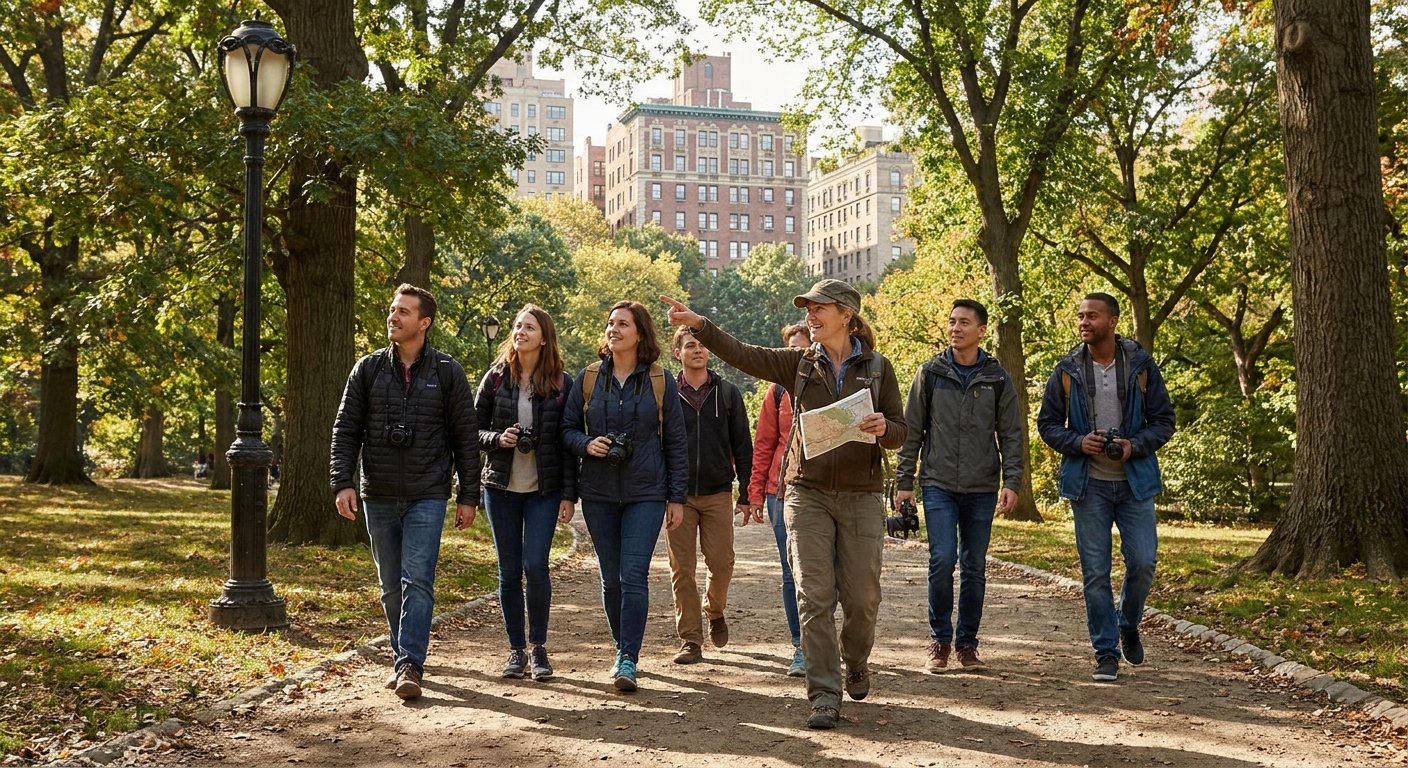 A guide and a small group on a walking tour in Central Park