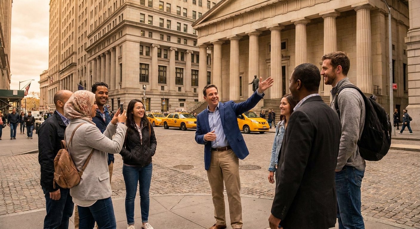 nyc walking tours — a local guide leading a small group on a walking tour in the Financial District