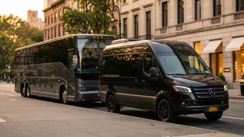 Mercedes Sprinter van and motor coach convoy — See City Tours NYNJ Match Day Shuttle