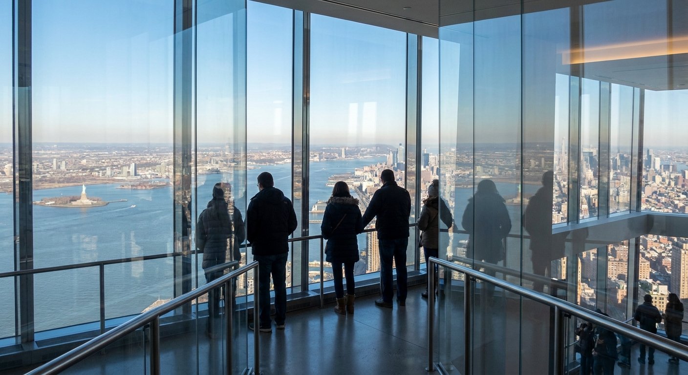 Panoramic view of New York Harbor and the Statue of Liberty through the floor-to-ceiling glass of One World Observatory