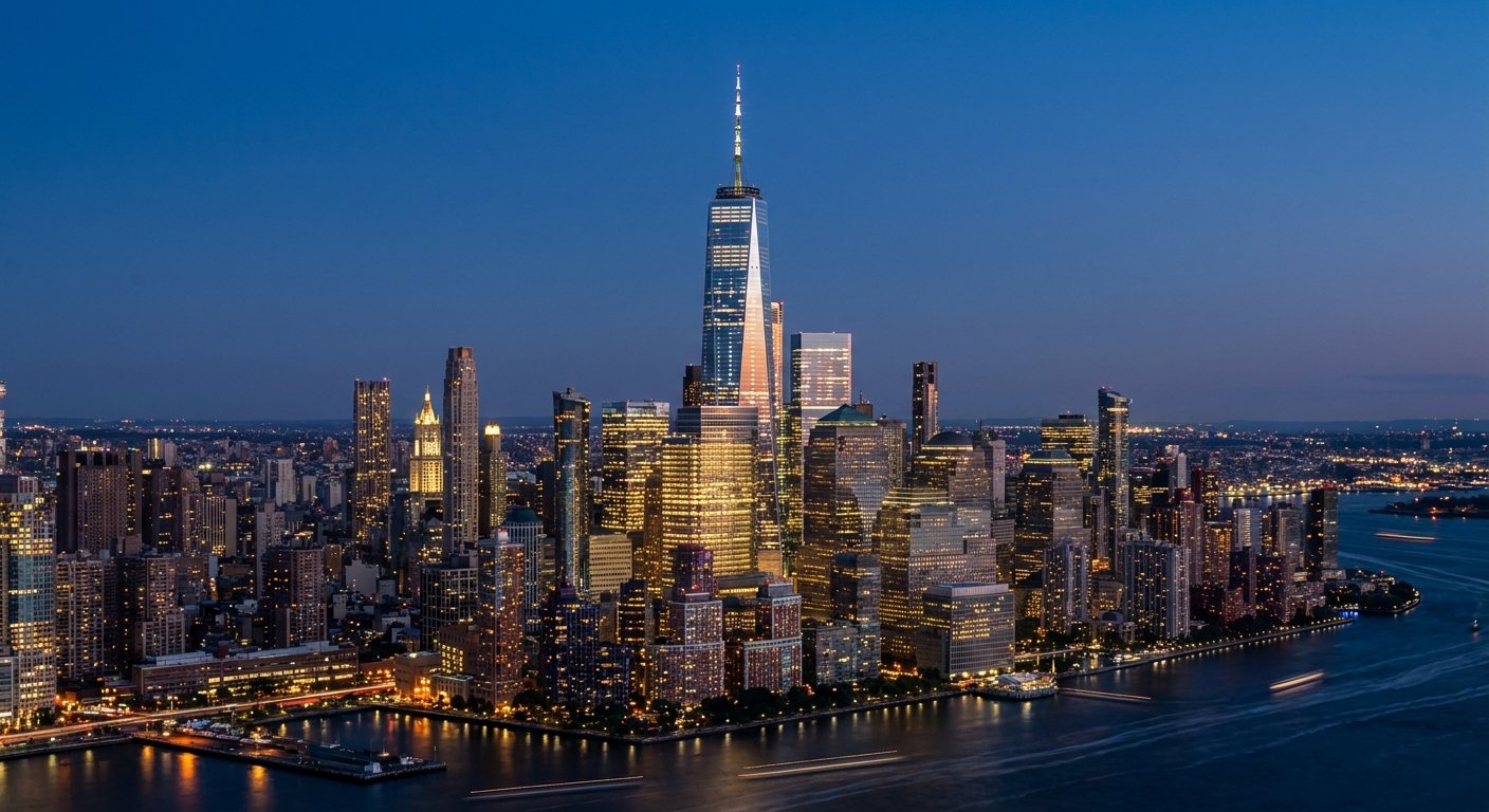 One World Trade Center lit at dusk above the Lower Manhattan skyline