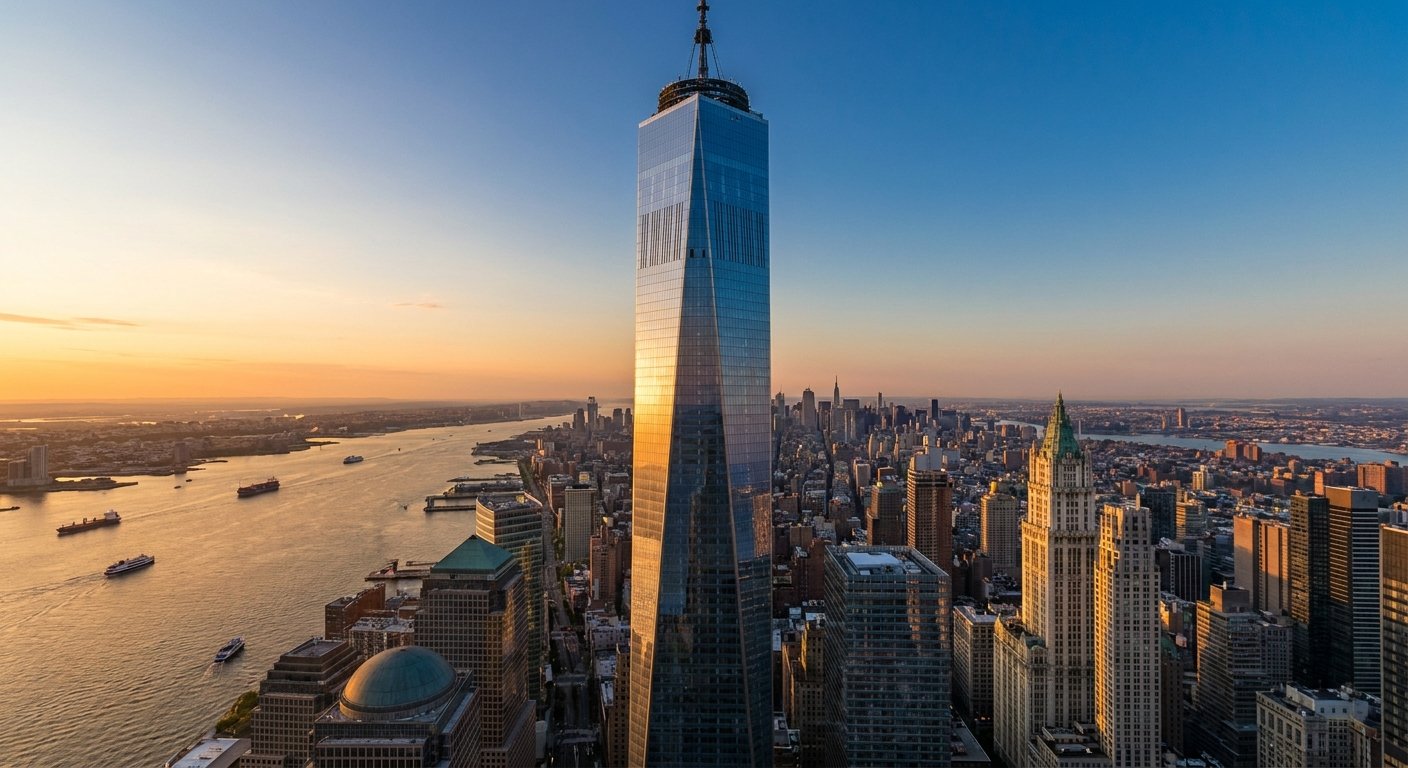 one world observatory tickets — One World Trade Center soaring above Lower Manhattan at golden hour