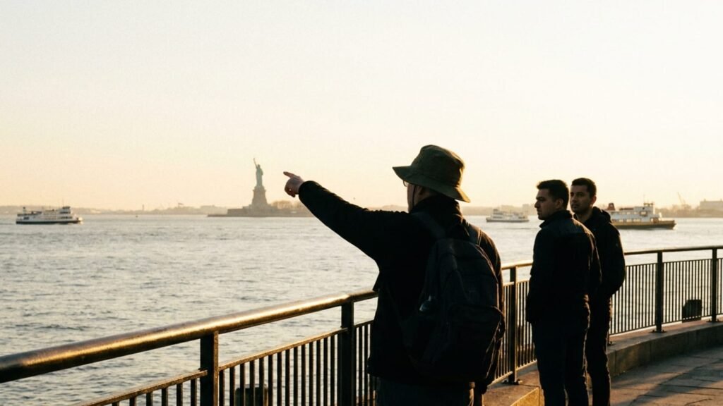 A visitor pointing out the Statue of Liberty across the harbor from Lower Manhattan.