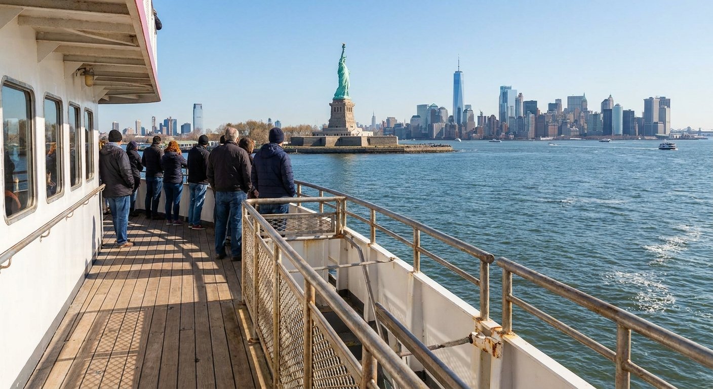 Passengers on the open deck of the harbor cruise looking out at the Statue of Liberty