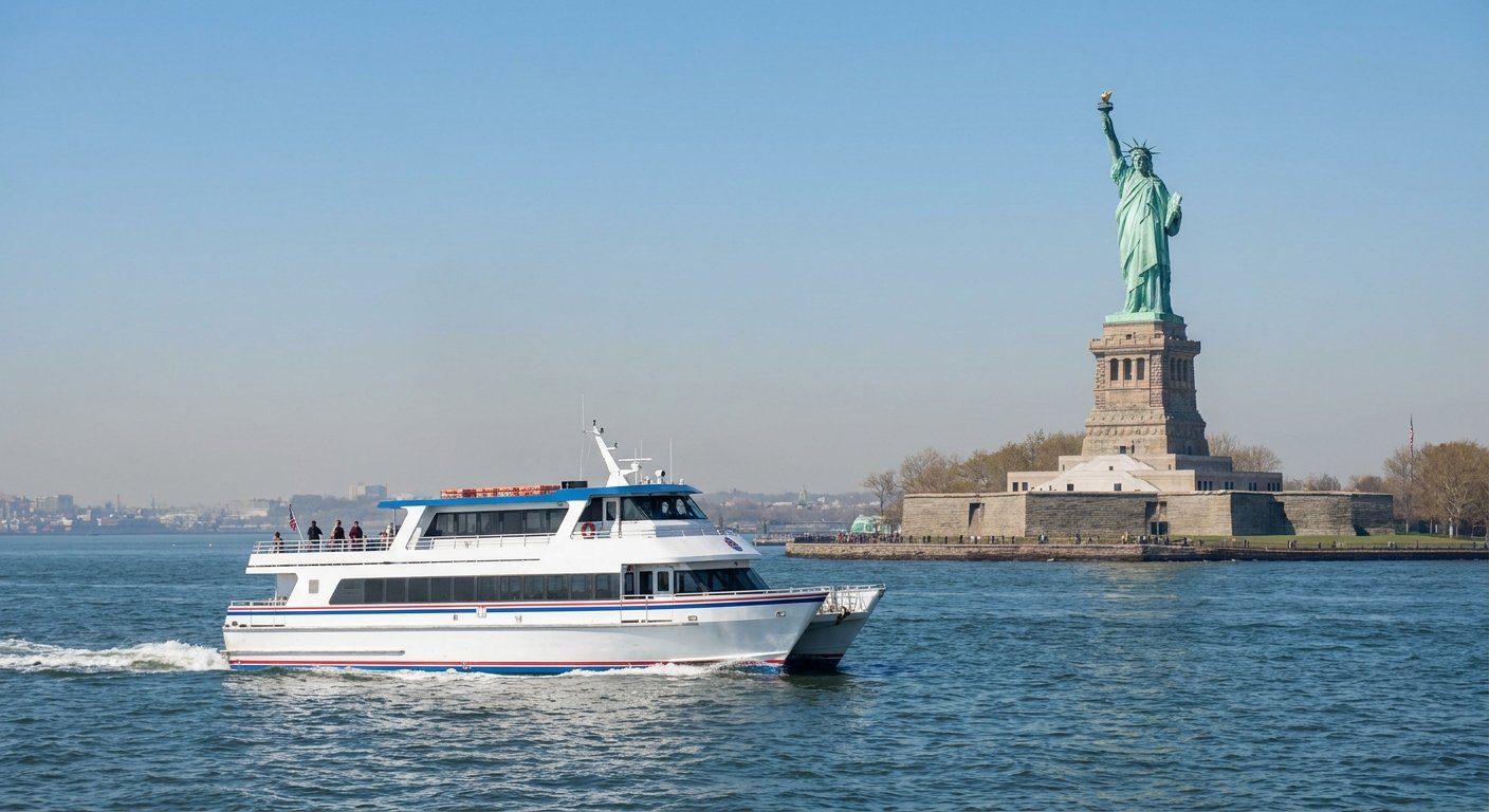 statue of liberty tickets — the official Statue City Cruises ferry crossing New York Harbor toward the Statue of Liberty