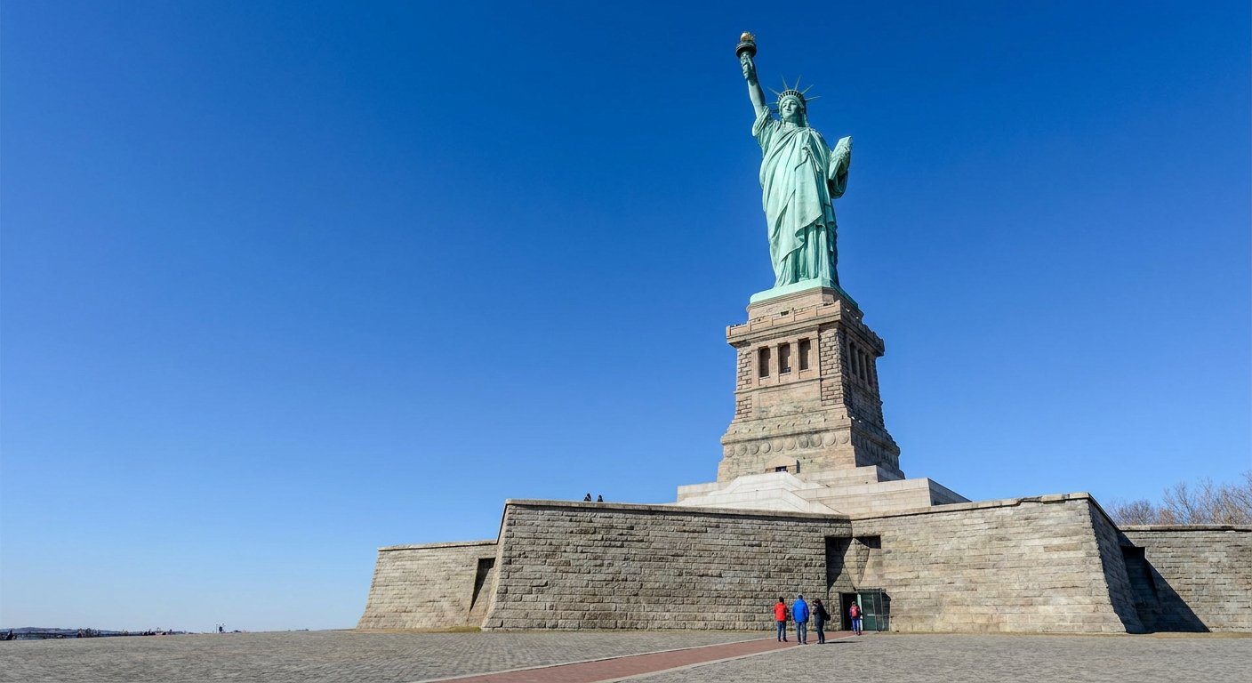 The Statue of Liberty on Liberty Island, green copper figure with raised torch and seven-spiked crown