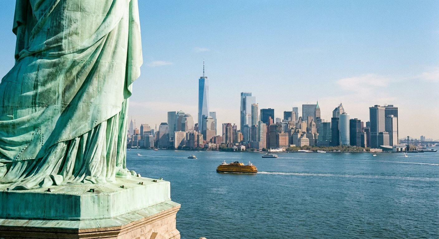 View of the Lower Manhattan skyline from the Statue of Liberty pedestal across New York Harbor