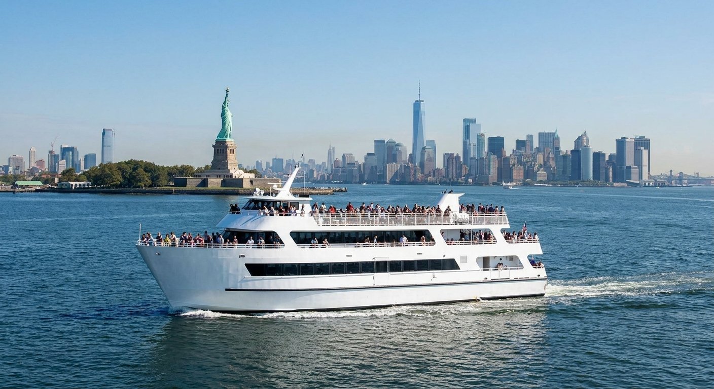 statue of liberty cruise — a white sightseeing cruise boat on New York Harbor with the Statue of Liberty and skyline behind