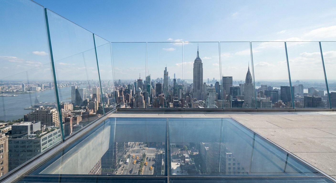 Manhattan skyline and the glass floor seen from The Edge sky deck at Hudson Yards