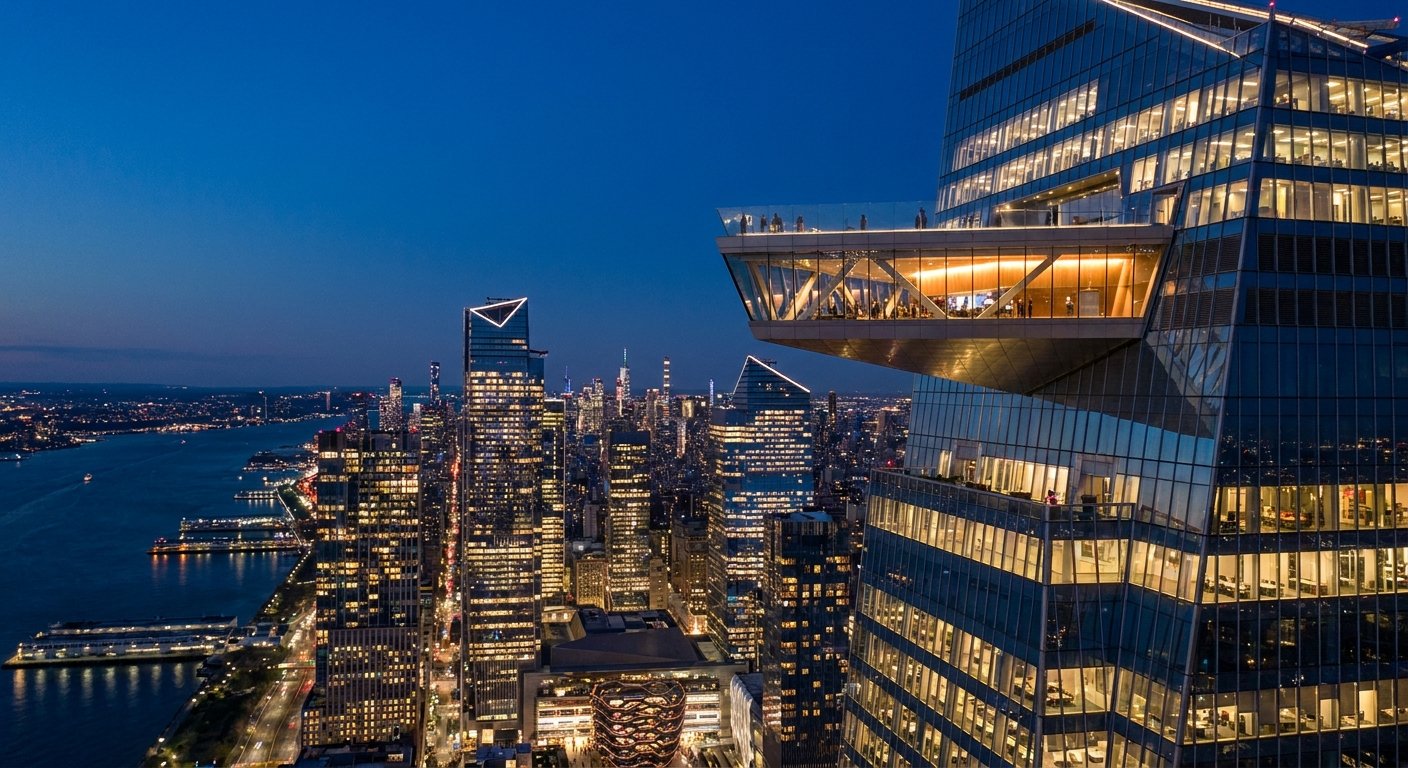 The Edge sky deck and 30 Hudson Yards glowing above the New York City skyline at dusk
