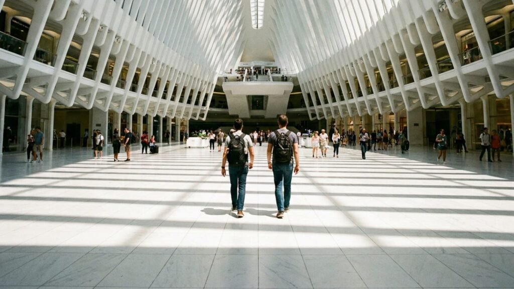 The soaring white interior of the Oculus at the World Trade Center.