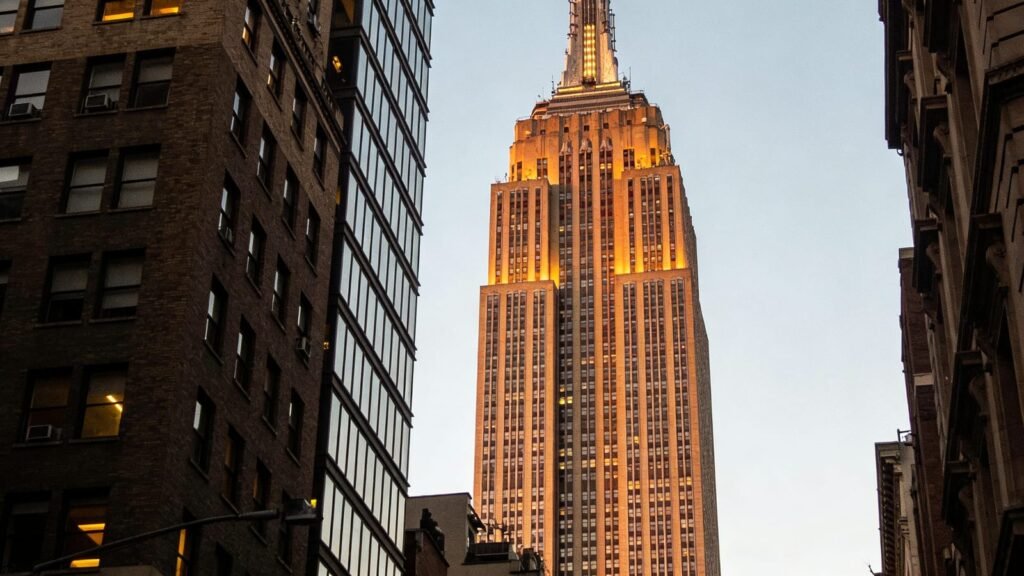 The Empire State Building catching golden evening light above Midtown Manhattan.